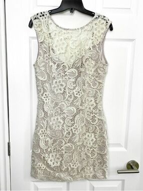 bebe Shimmery Cream Lace Mini Dress w/ Open Back